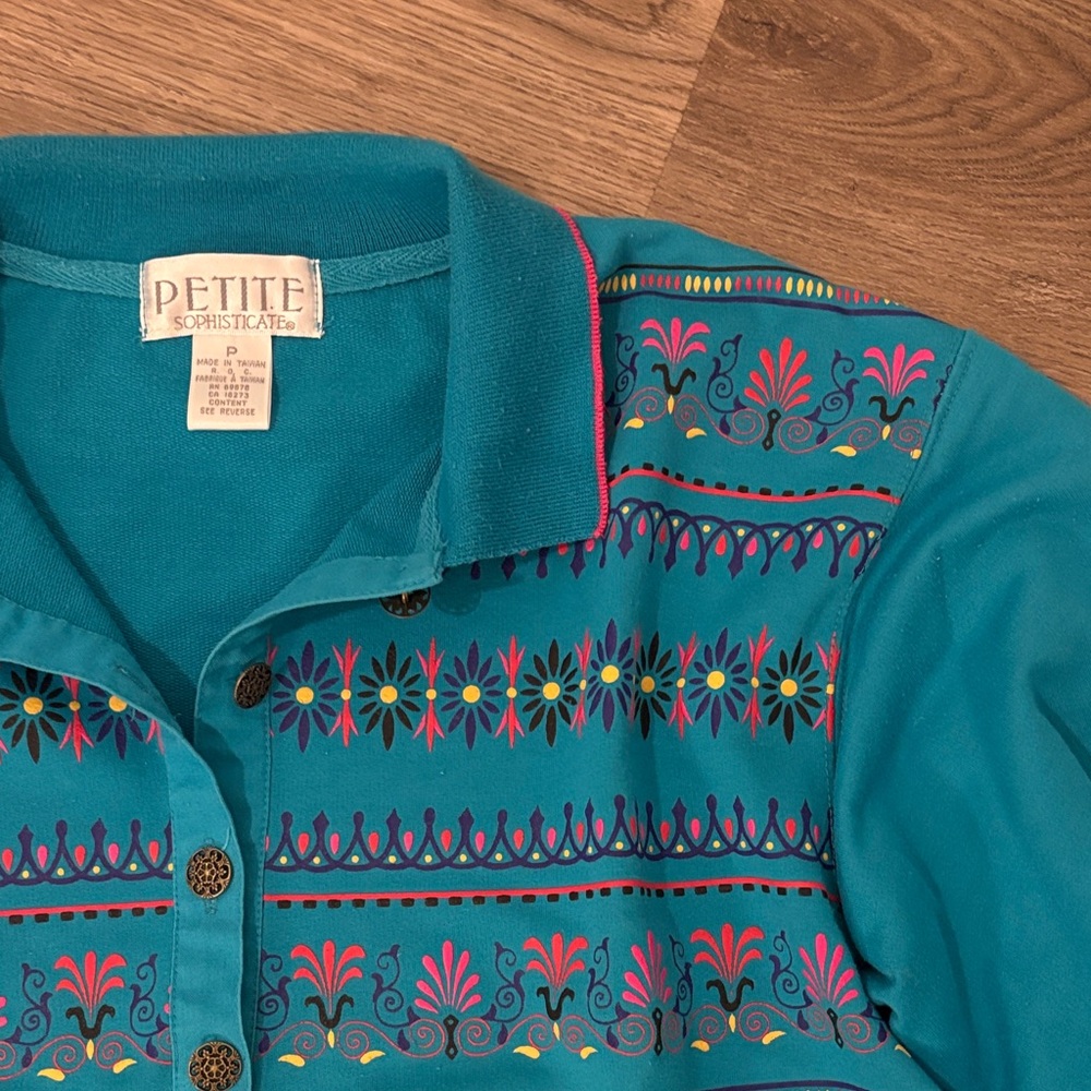 Vintage Petite Sophisticate Henley PS Blue Half Button Down Sweatshirt w Pockets - Picture 6 of 9